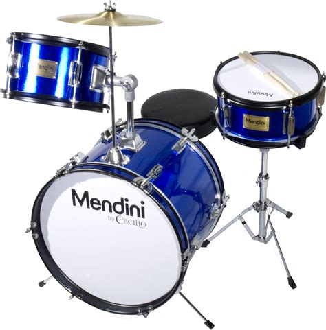 Includes pair of wooden drum sticks, bass drum chain driven pedal, adjustable padded drum throne, easy to read set up instructions (assembly is required) Frequently bought together This item Mendini 5-Piece 16-Inch Junior Drum Set, Metallic Blue - MJDS-5-BL. . Mendini by cecilio drum set